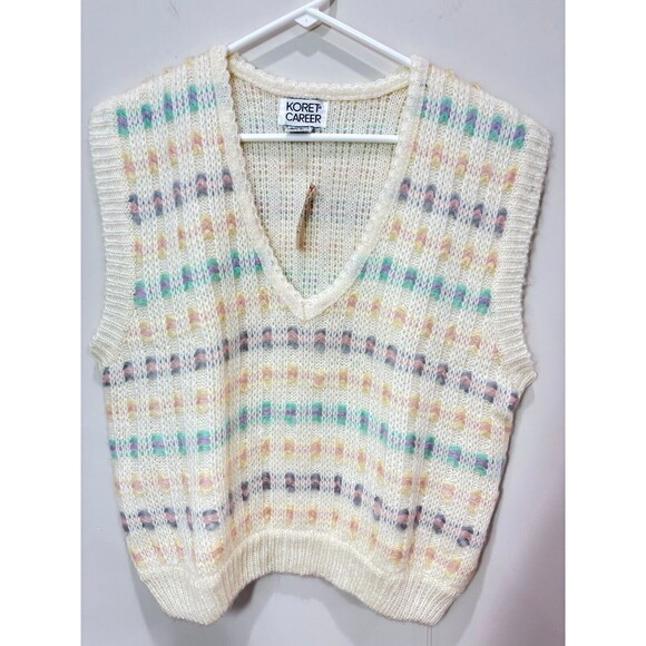 VTG Koret NEW Cream Pastel Knit Sweater Vest Women XL Rainbow Stripes Grannycore - Picture 1 of 9